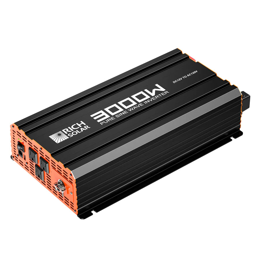 A black and orange Rich Solar 3000W pure sine wave power inverter with labeled ports and side vents, designed to convert DC to AC power for off-grid use.