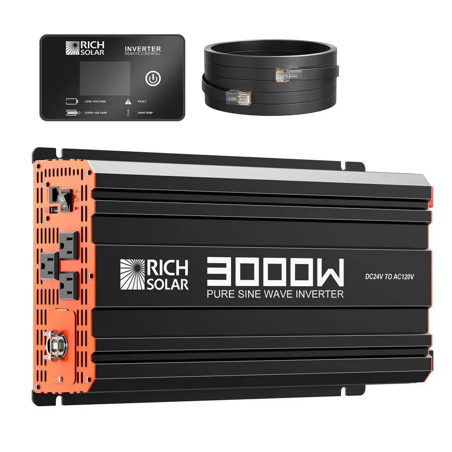 A black and orange Rich Solar 3000W pure sine wave inverter features three AC outlets, a digital control panel, and two coiled black cables—ideal for solar systems with 200W monocrystalline panels or a 60A MPPT controller.