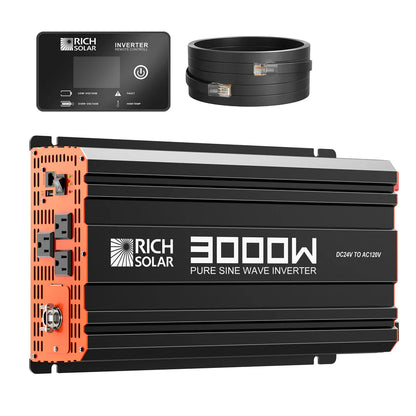 A black and orange Rich Solar 3000W pure sine wave inverter features three AC outlets, a digital control panel, and two coiled black cables—ideal for solar systems with 200W monocrystalline panels or a 60A MPPT controller.