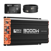 A Rich Solar 3000W pure sine wave power inverter in black and orange, with a display/control panel and two heavy cables, is shown on a white background—ideal for off-grid use.