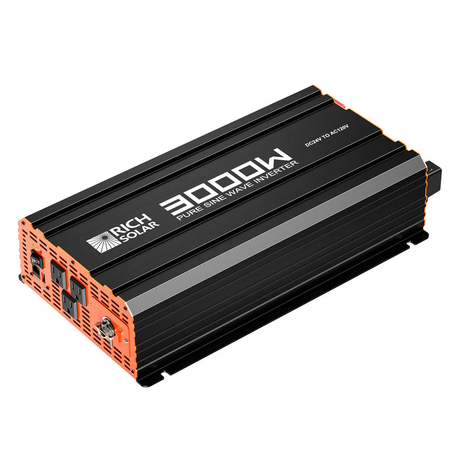 A 3000W pure sine wave power inverter by Rich Solar in black and orange, shown angled to reveal side vents and input/output ports—perfect for off-grid use.