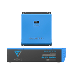 Two blue and black Bluetti battery units, including the versatile Bluetti RV5 portable power station, are shown—one from the front with a display and buttons, and the other from the side labeled 51.2V 100Ah. Both are designed for reliable solar generator power storage.