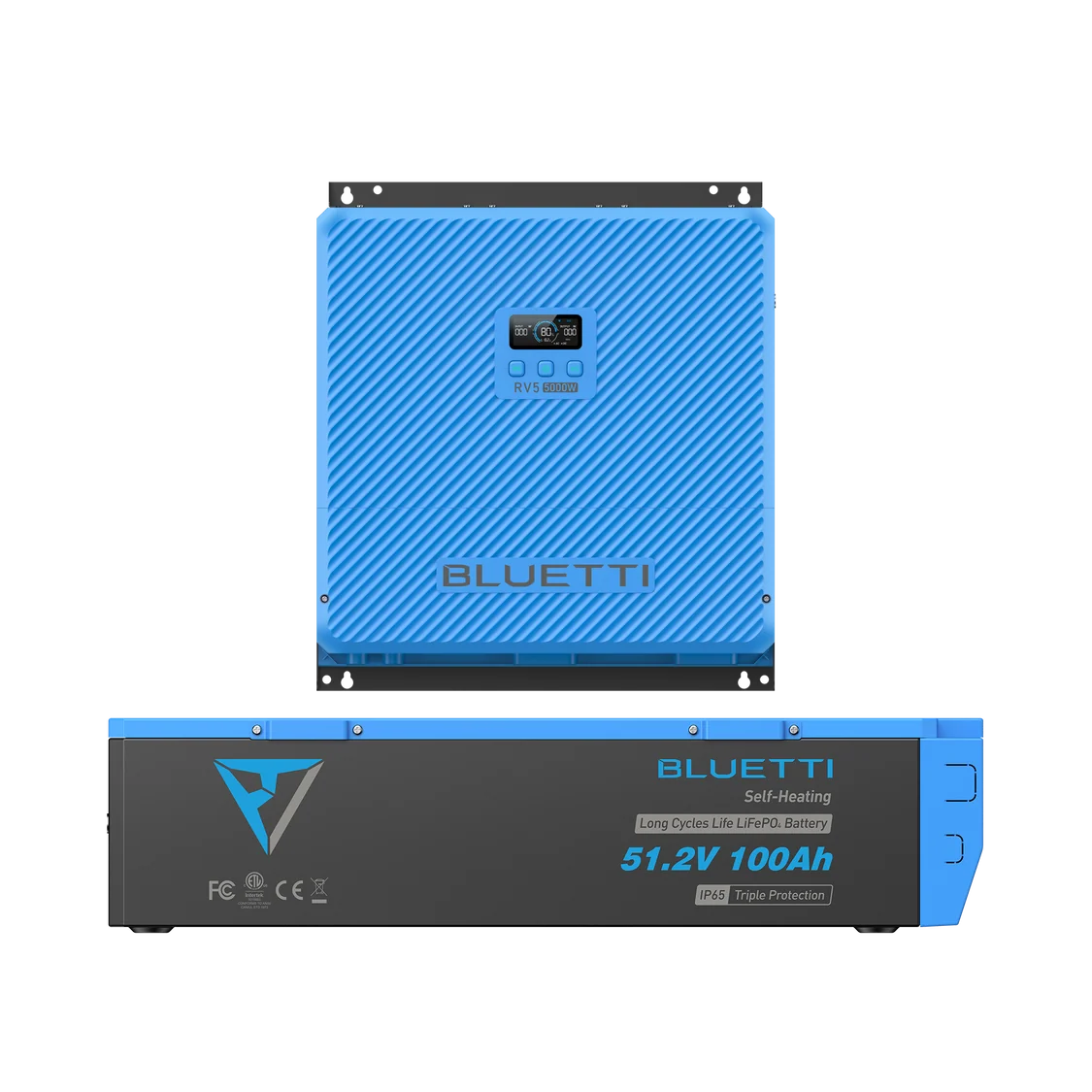 Two blue and black Bluetti battery units, including the versatile Bluetti RV5 portable power station, are shown—one from the front with a display and buttons, and the other from the side labeled 51.2V 100Ah. Both are designed for reliable solar generator power storage.