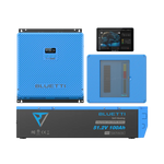 Three blue BLUETTI power system components are displayed: a wall-mounted inverter, a battery unit labeled 51.2V 100Ah, and a touchscreen control panel showing power status graphics—reflecting the innovation behind BLUETTI’s solar generator technology and their versatile portable power station solutions.