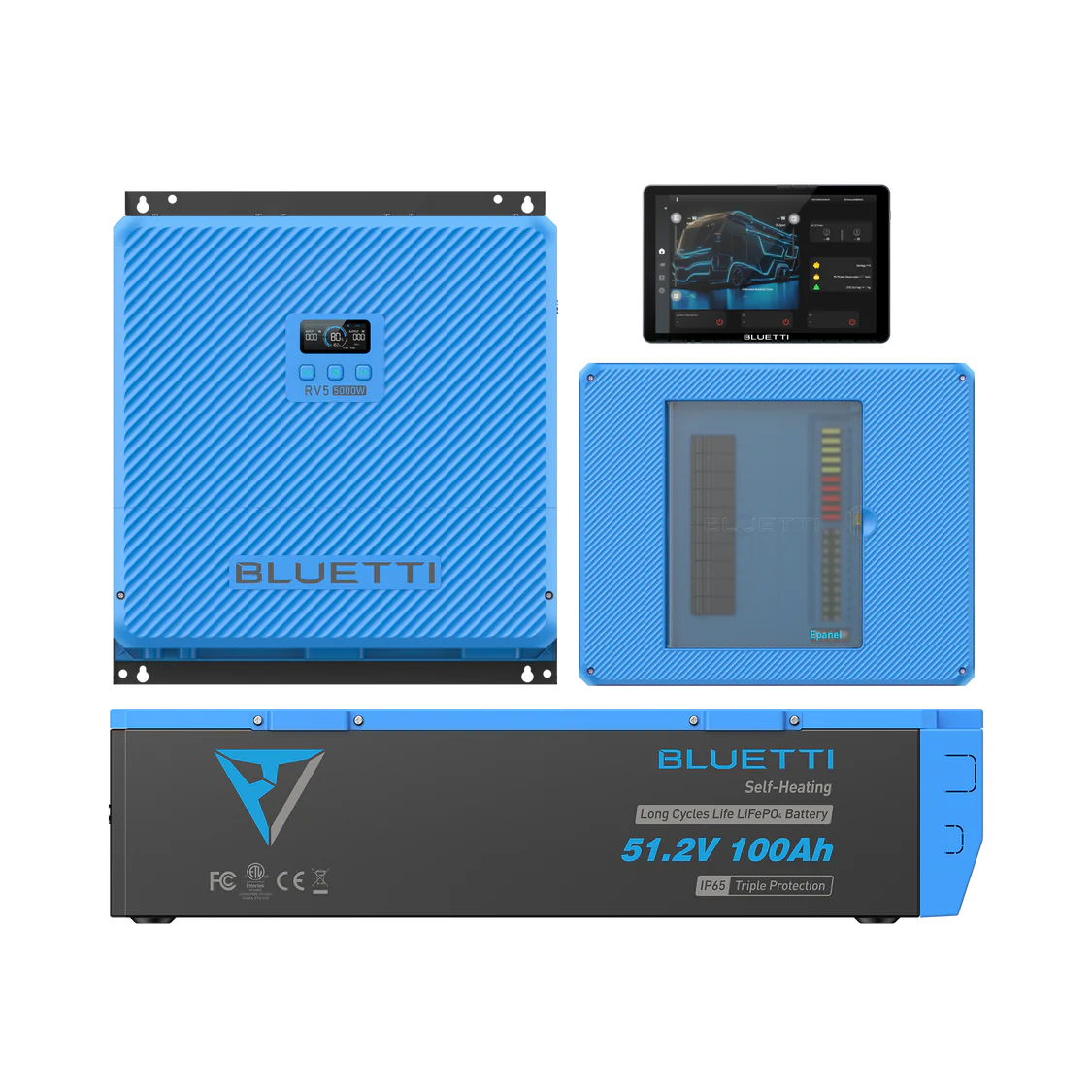 Three blue BLUETTI power system components are displayed: a wall-mounted inverter, a battery unit labeled 51.2V 100Ah, and a touchscreen control panel showing power status graphics—reflecting the innovation behind BLUETTI’s solar generator technology and their versatile portable power station solutions.
