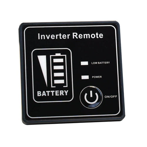 The Rich Solar black power inverter remote panel features a battery icon with level indicator, LOW BATTERY and POWER status lights, and a large round ON/OFF button—perfect for off-grid solar power systems.