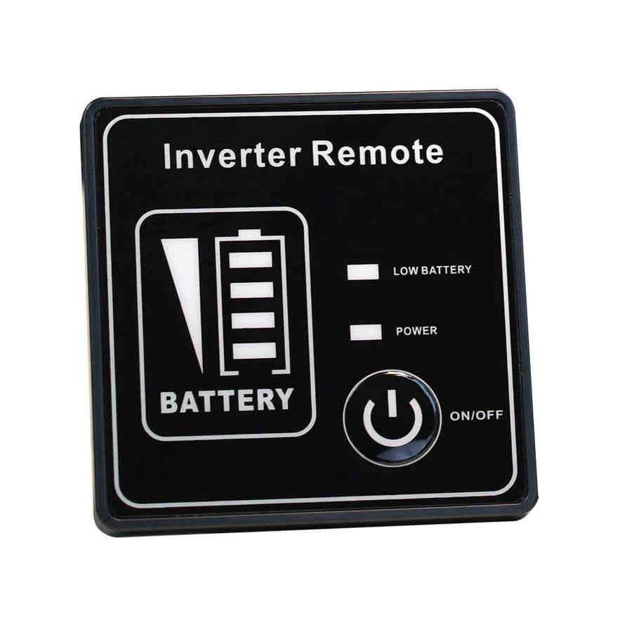 The Rich Solar black power inverter remote panel features a battery icon with level indicator, LOW BATTERY and POWER status lights, and a large round ON/OFF button—perfect for off-grid solar power systems.
