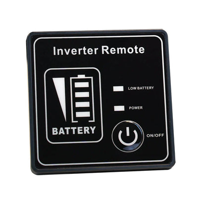 The Rich Solar black power inverter remote panel features a battery icon with level indicator, LOW BATTERY and POWER status lights, and a large round ON/OFF button—perfect for off-grid solar power systems.