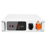 The Sungold Power SGH48100T is a white rectangular battery storage unit with a black front panel featuring a power switch, indicator lights, connectors, ports, and two orange terminals. Its modular design offers flexible energy solutions.