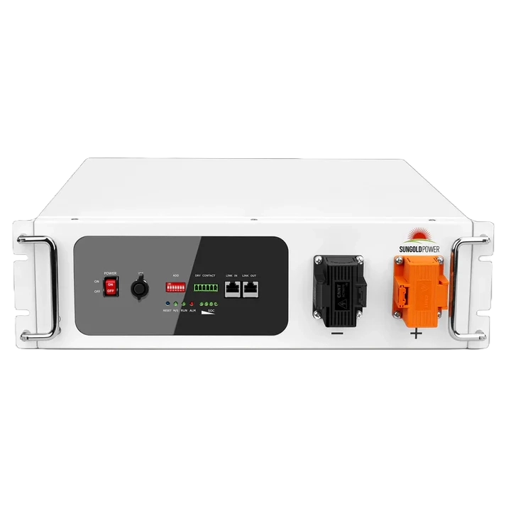 The Sungold Power SGH48100T is a white rectangular battery storage unit with a black front panel featuring a power switch, indicator lights, connectors, ports, and two orange terminals. Its modular design offers flexible energy solutions.