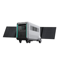 The Zendure portable power station features wheels, handles, a LiFePO4 battery, dual extended solar panels on each side, and a front digital control panel—perfect for smart energy management at home or on the go.
