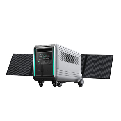 The Zendure portable power station features wheels, handles, a LiFePO4 battery, dual extended solar panels on each side, and a front digital control panel—perfect for smart energy management at home or on the go.