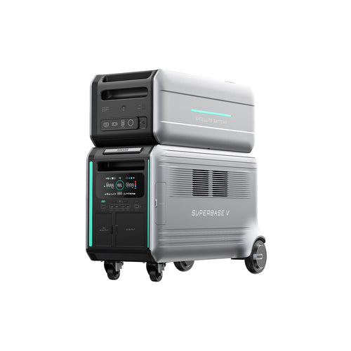 The Zendure SuperBase V is a sleek, modern portable power station with wheels, digital display, control buttons, and a stackable Satellite Battery—ideal for smart energy management and home energy storage.