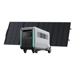 A Zendure portable power station with wheels and handle stands before a large unfolded solar panel, featuring smart energy management and a clean, modern design—perfect for on-the-go power needs.