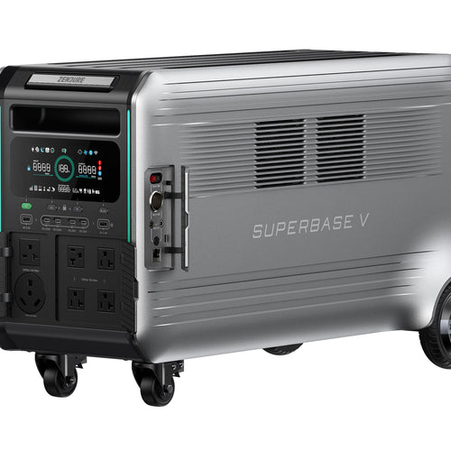 Introducing the Zendure SuperBase V, a portable silver home energy storage power station with multiple outlets, display screens, control buttons, side vents, and wheels for easy mobility.