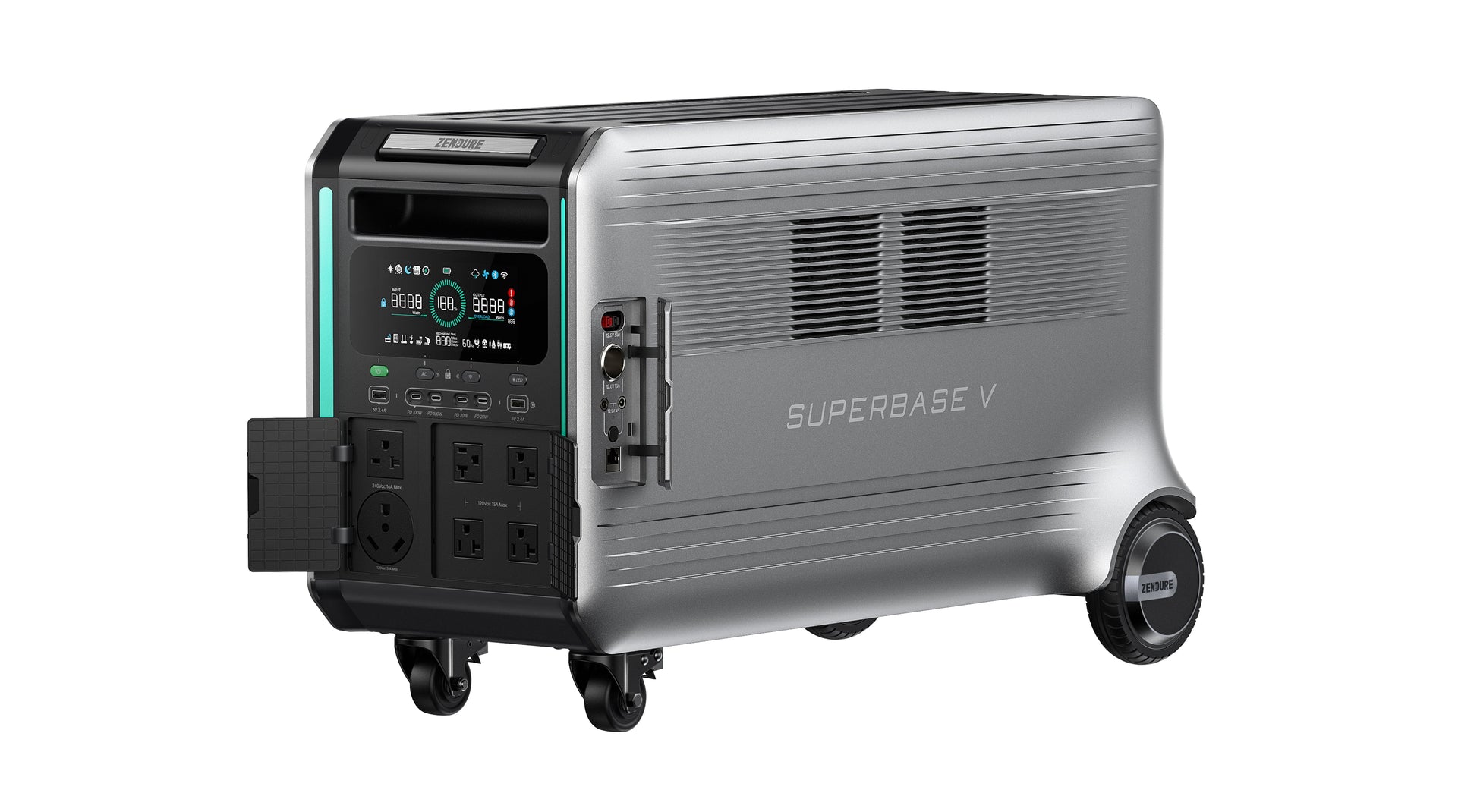 Introducing the Zendure SuperBase V, a portable silver home energy storage power station with multiple outlets, display screens, control buttons, side vents, and wheels for easy mobility.