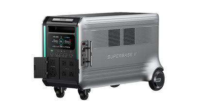 Introducing the Zendure SuperBase V, a portable silver home energy storage power station with multiple outlets, display screens, control buttons, side vents, and wheels for easy mobility.