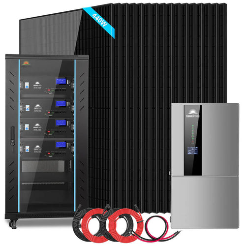 The Sungold Power hybrid solar kit features solar panels, lithium battery storage with digital displays, an inverter, and coiled red and black cables, all set against a white background.