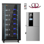 A black server rack with six battery modules, a gray wall-mounted inverter, a small circuit breaker, and two red and black cables arranged above the inverter—there are no relevant SEO keywords in the description, as the text is focused solely on detailing the physical components rather than utilizing targeted product terminology.