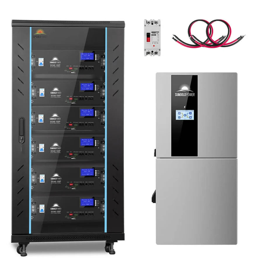 A black server rack with six battery modules, a gray wall-mounted inverter, a small circuit breaker, and two red and black cables arranged above the inverter—there are no relevant SEO keywords in the description, as the text is focused solely on detailing the physical components rather than utilizing targeted product terminology.