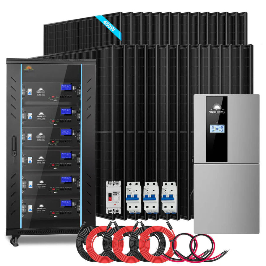 A set of black solar panels, a battery storage cabinet with illuminated screens featuring sleek box-shadow effects, a silver solar inverter, circuit breakers, and various power cables arranged in front.