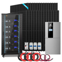 A set of black solar panels, a battery storage cabinet with illuminated screens featuring sleek box-shadow effects, a silver solar inverter, circuit breakers, and various power cables arranged in front.