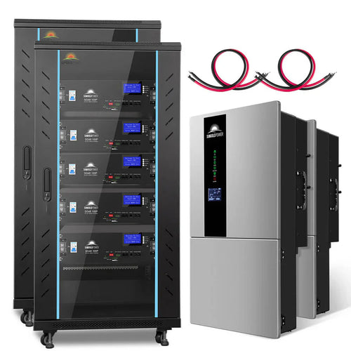 Two black Sungold Power lithium battery bank storage cabinets with glass doors stand side by side. To the right, two silver inverters are mounted vertically. Red and black cables are coiled above on a white background.
