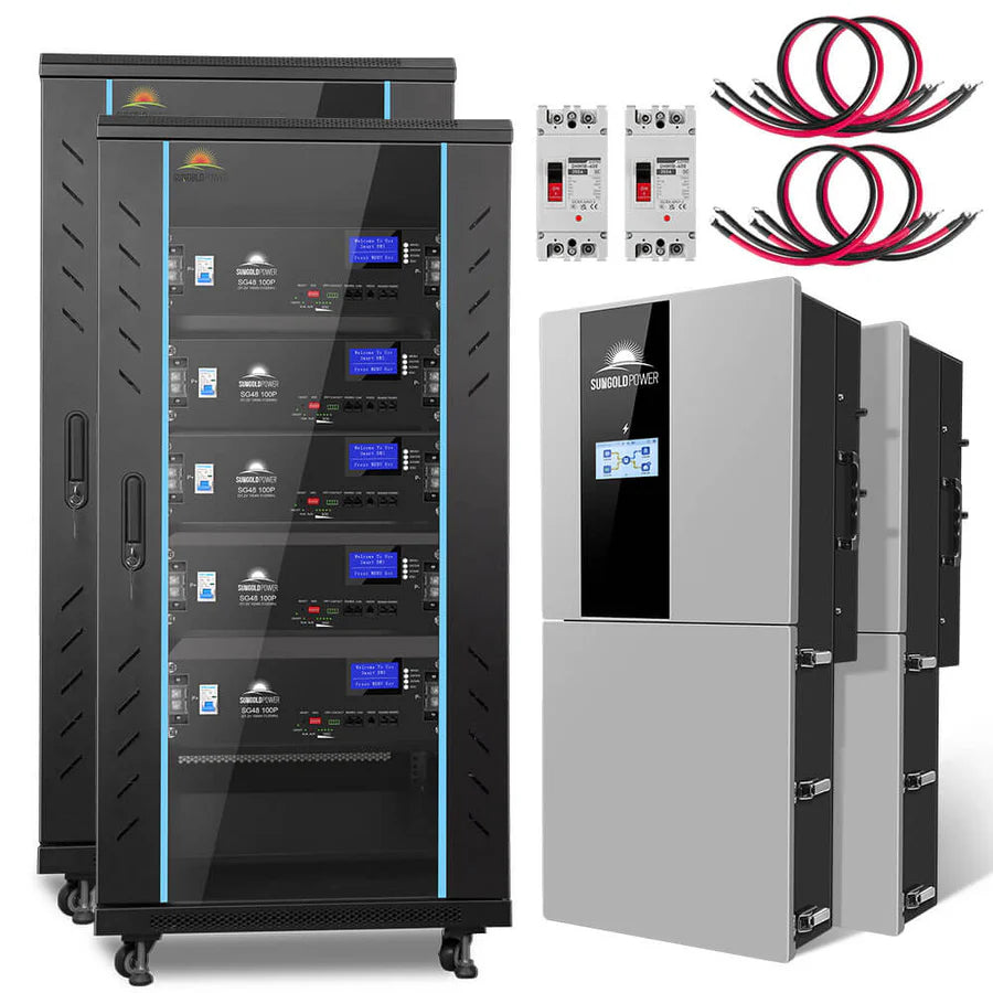 Two tall black battery cabinets, two wall-mounted gray inverters, four circuit breakers, and sets of red and black power cables are neatly arranged on a white background. There are no relevant SEO keywords present in the provided product description; it consists solely of visual descriptions without any CSS code or additional product-specific content.