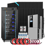 A solar power kit with multiple solar panels, battery storage units, inverters, circuit breakers, and sets of red and black color cables arranged in front.