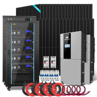 A solar power kit with multiple solar panels, battery storage units, inverters, circuit breakers, and sets of red and black color cables arranged in front.