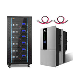 A black Sungold Power lithium battery storage cabinet with digital displays stands beside two silver inverters and two coiled red and black cables, ideal for a Hybrid Solar Kit, all set against a white background.