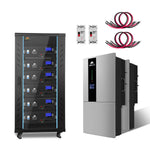 A lithium battery storage system, two inverters, circuit breakers, and cables are arranged on a white background.
