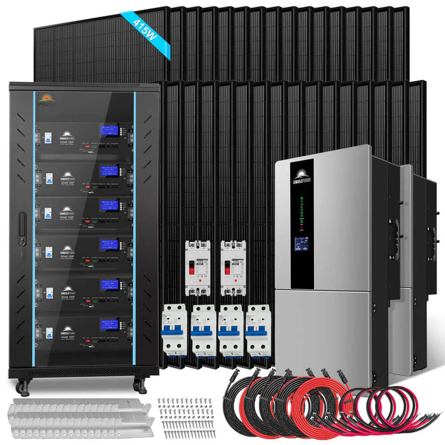 A complete Hybrid Solar Kit featuring solar panels, a lithium battery storage cabinet, inverters, breakers, cables, and installation hardware—all arranged neatly for display.