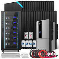 A complete Hybrid Solar Kit featuring solar panels, a lithium battery storage cabinet, inverters, breakers, cables, and installation hardware—all arranged neatly for display.