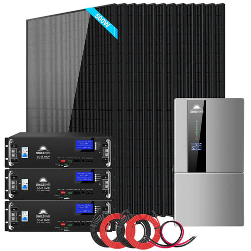 The Sungold Power Hybrid Solar Kit includes multiple solar panels, lithium battery storage, a hybrid inverter, and connecting cables—ideal for home or off-grid renewable energy solutions.