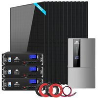 The Sungold Power Hybrid Solar Kit includes multiple solar panels, lithium battery storage, a hybrid inverter, and connecting cables—ideal for home or off-grid renewable energy solutions.