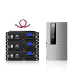 Three black Sungold Power rack-mount lithium battery storage modules stacked on the left with red and black cables on top, and a grey wall-mounted hybrid inverter with display screen on the right, all set against a white background.