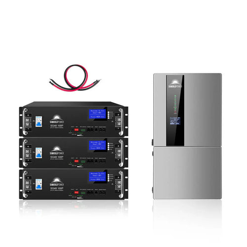 Three black Sungold Power rack-mount lithium battery storage modules stacked on the left with red and black cables on top, and a grey wall-mounted hybrid inverter with display screen on the right, all set against a white background.
