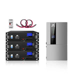 Four black battery modules for lithium battery storage, one hybrid inverter, red and black cables, and a white electrical component arranged on a white background.