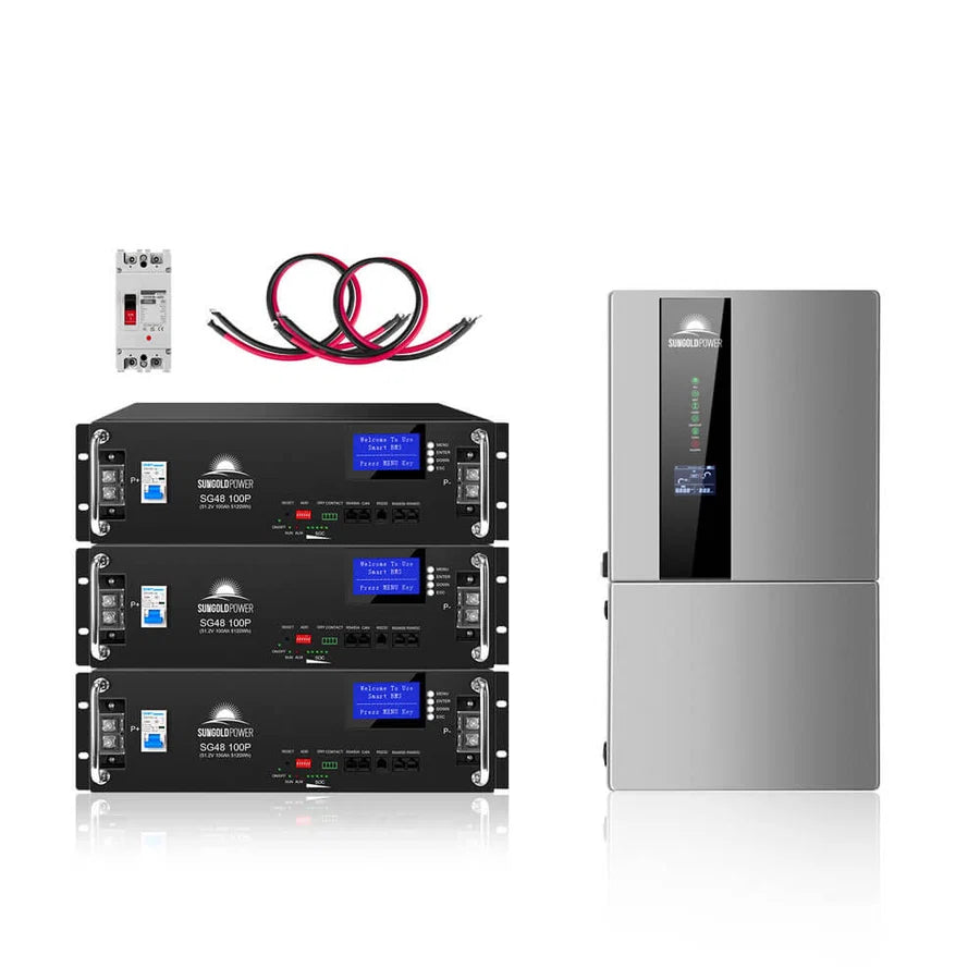 Four black battery modules for lithium battery storage, one hybrid inverter, red and black cables, and a white electrical component arranged on a white background.