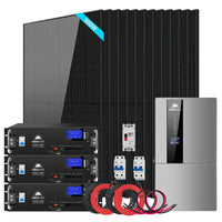 A complete hybrid solar kit featuring nine solar panels, three hybrid inverter units, advanced lithium battery storage, circuit breakers, and wiring cables, all arranged neatly on a white background.