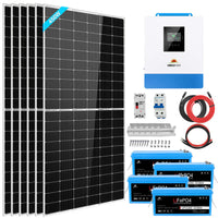 Solar power kit with six large solar panels, a charge controller, four blue lithium batteries, connecting cables, a breaker, mounting brackets, and screws—all arranged neatly on a white background. This complete set features high-efficiency components and includes all essential specifications to support reliable off-grid energy solutions.