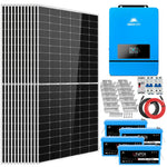 A complete solar power kit featuring multiple solar panels, a blue inverter, mounting brackets, wiring, fuses, and three blue LiFePO4 batteries is all arranged neatly against a white background. Sorry, but there are no important SEO keywords in the provided product description; it appears to be only CSS code and does not contain any relevant product information.