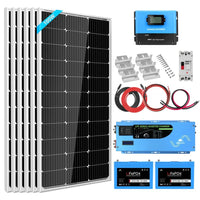 An off-grid solar kit including five solar panels, a 3000 watt pure sine wave inverter charger, two Lifepo4 batteries, charge controller, cables, mounting brackets, circuit breaker, and connectors, all displayed on a white background.