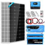 A complete off-grid solar kit including six solar panels, charge controller, pure sine wave inverter, wiring, mounting brackets, circuit breaker, and two blue LiFePO4 batteries.