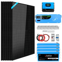 The Sungold Power complete off-grid solar kit includes six black solar panels, a charge controller, inverter charger, lithium battery, mounting brackets, cables, and connectors—arranged neatly on a white background.