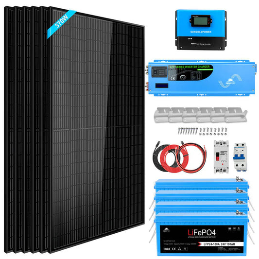 Sungold Power Off‑Grid 6,000W Solar Kit 24VDC 120V/240V Inverter/Charger | LiFePO4 10.24 kWh Battery & 6×370W Solar Panels (SGK‑PRO62)