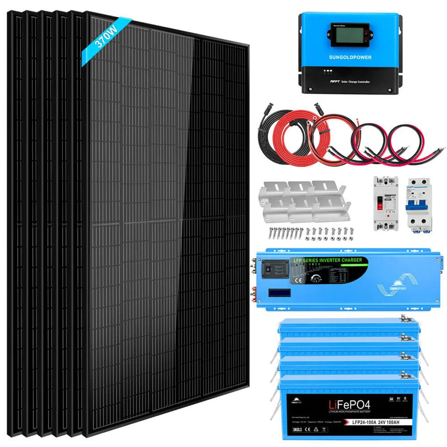 A complete off-grid solar kit featuring six black panels, a split-phase inverter, charge controller, wiring, brackets, circuit breakers, and three blue lithium batteries (LiFePO4), all arranged neatly on a white background.