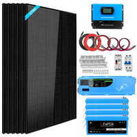 A complete off-grid solar kit featuring six black panels, a split-phase inverter, charge controller, wiring, brackets, circuit breakers, and three blue lithium batteries (LiFePO4), all arranged neatly on a white background.