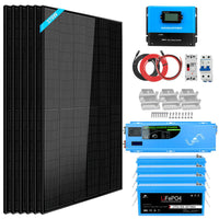 The Sungold Power off-grid solar kit includes four black solar panels, a blue charge controller, cables, mounting brackets, inverter charger, circuit breakers, and a reliable lithium battery for energy independence.